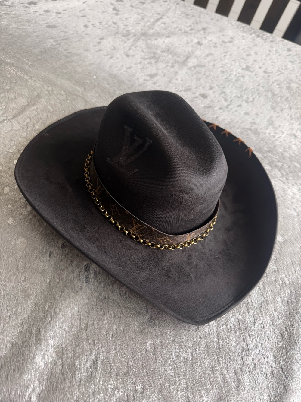 Louis Vuitton Black Western Hat with Gold Chain